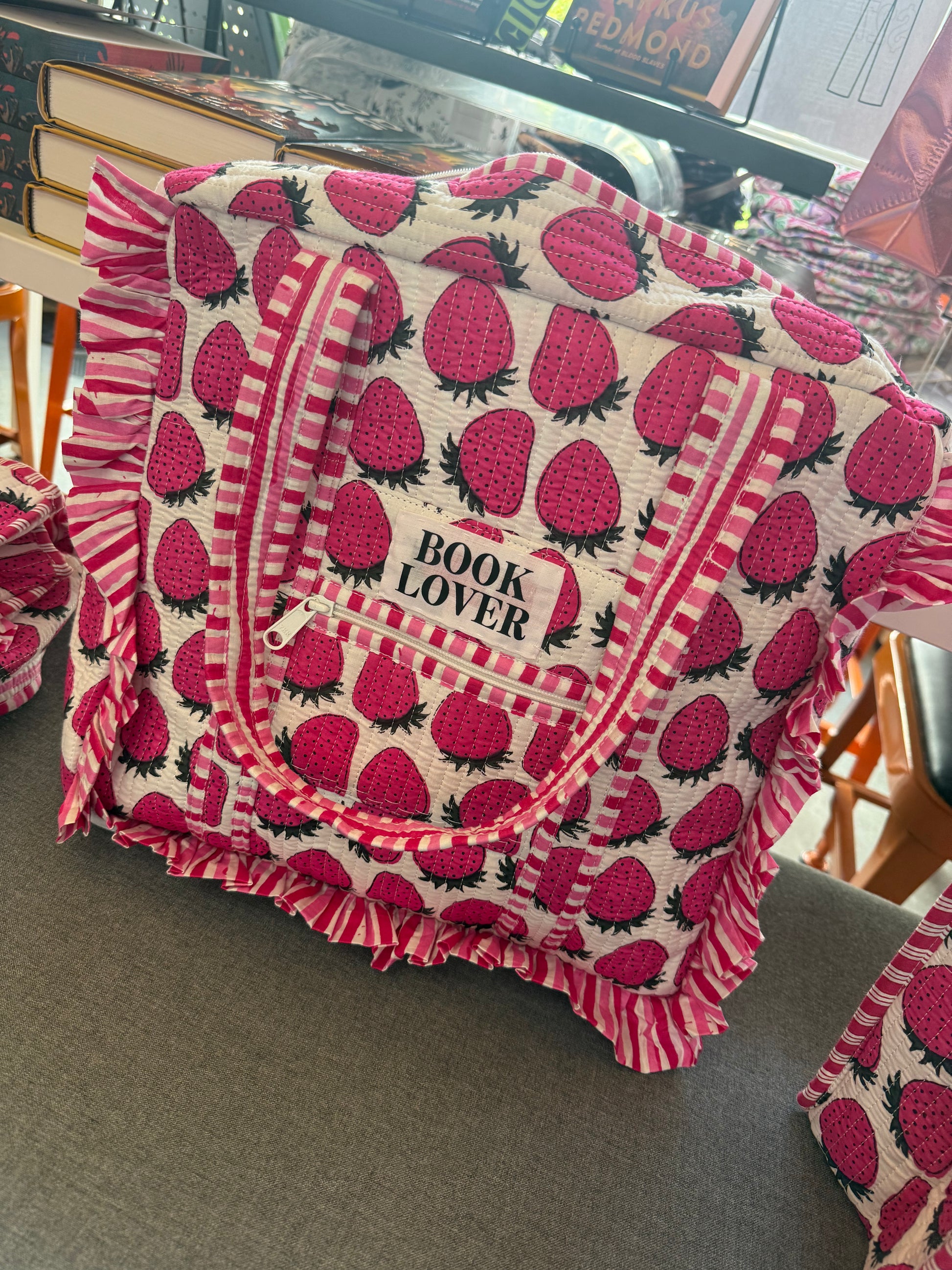 Reading is my Jam - Strawberry Ruffle Book Lover Tote Bag 13x14